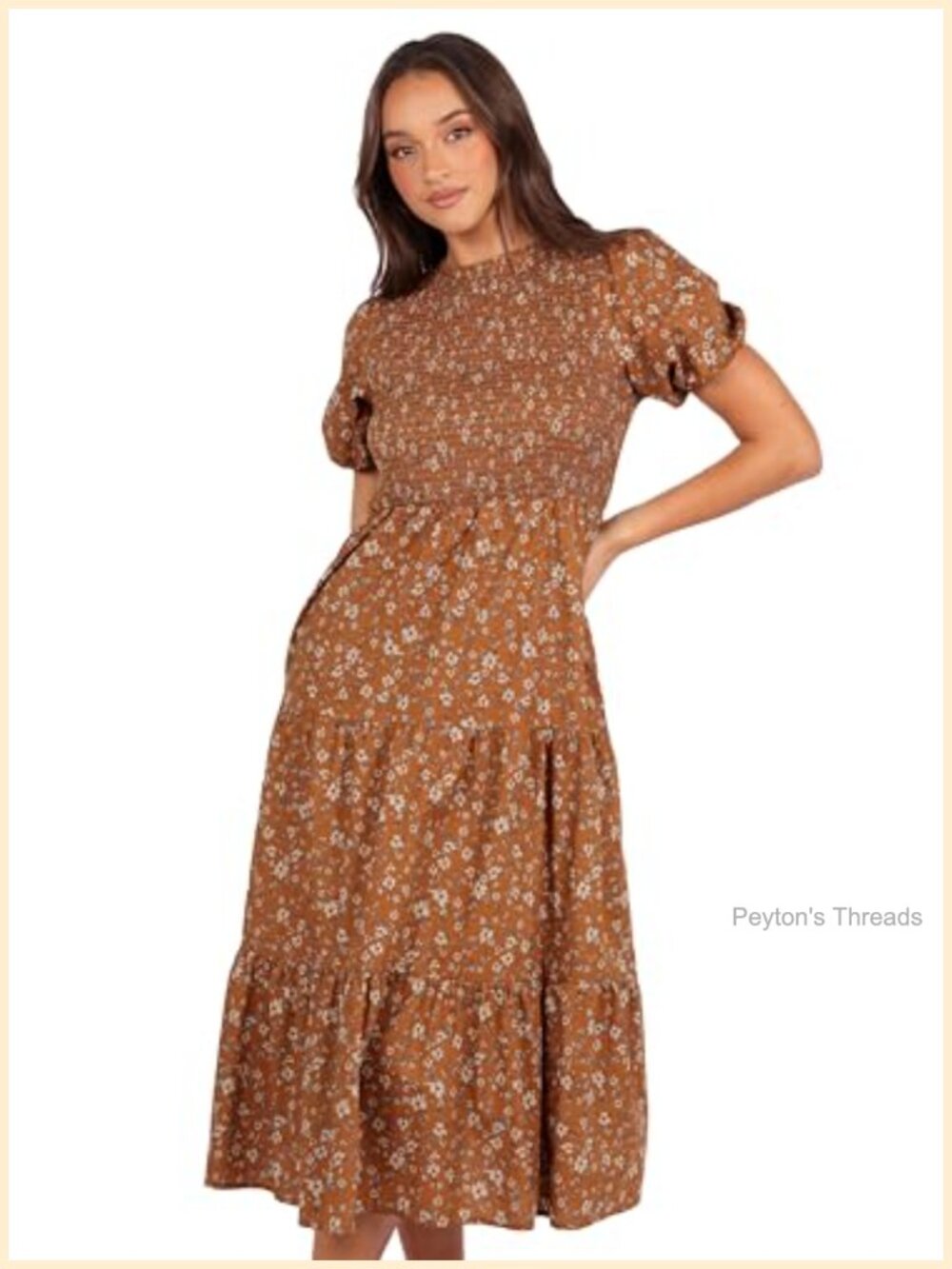 Petal & Pup Naura Shirred Tiered Midi Dress, Cotton, Fit & Flare, Short Sleeve
